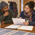 Resident and energy-assistance counselor review a utility bill at home.