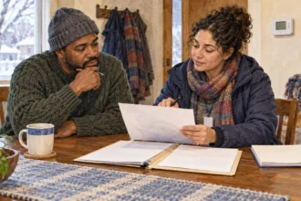Resident and energy-assistance counselor review a utility bill at home.
