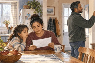 Conceptual painting of a household checking a thermostat and an unmarked utility envelope.