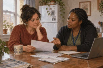 A renter discusses energy assistance and a utility bill with an adviser.