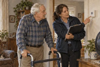 An older resident and energy adviser discuss home heating and cooling.