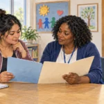Parent and counselor review child-care assistance folders while a toddler plays nearby.