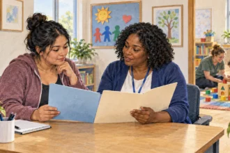 Parent and counselor review child-care assistance folders while a toddler plays nearby.