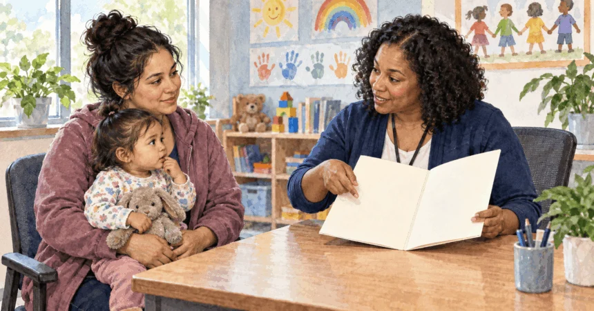 Conceptual painting of a parent asking about child-care subsidy application.