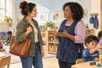 Parent visits a child-care room and speaks with a caregiver as children play.