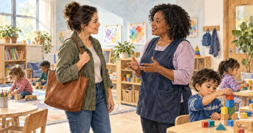 Parent visits a child-care room and speaks with a caregiver as children play.