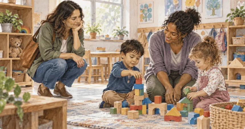Conceptual painting of a parent observing a child-care setting.