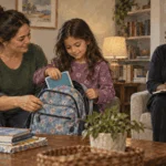 A foster caregiver helps a child settle books in a temporary home.