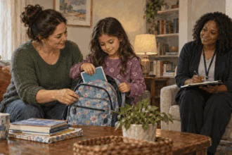A foster caregiver helps a child settle books in a temporary home.