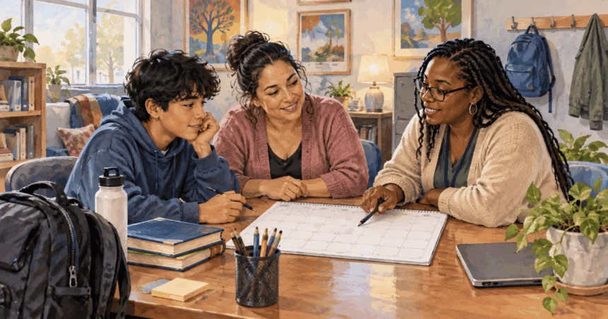 A young person, caregiver, and adviser discuss a calendar together.