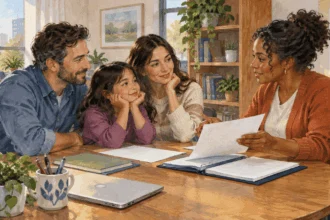 Painted illustration of parents and a child discussing adoption assistance with a caseworker.