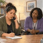 Conceptual painting of an adult making a private phone call in a community resource office.