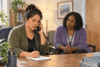 Conceptual painting of an adult making a private phone call in a community resource office.