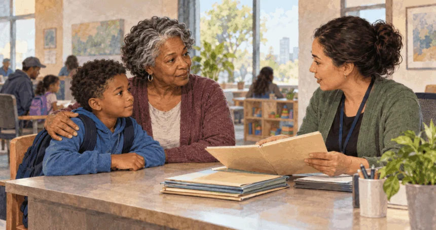 Painted scene of a grandparent and child seeking family support from a caseworker.