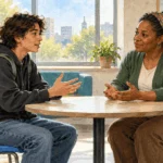 Conceptual watercolor of a young person speaking with a support worker in a resource center.