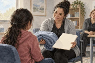 Conceptual painting of a caseworker welcoming an unaccompanied child into care.
