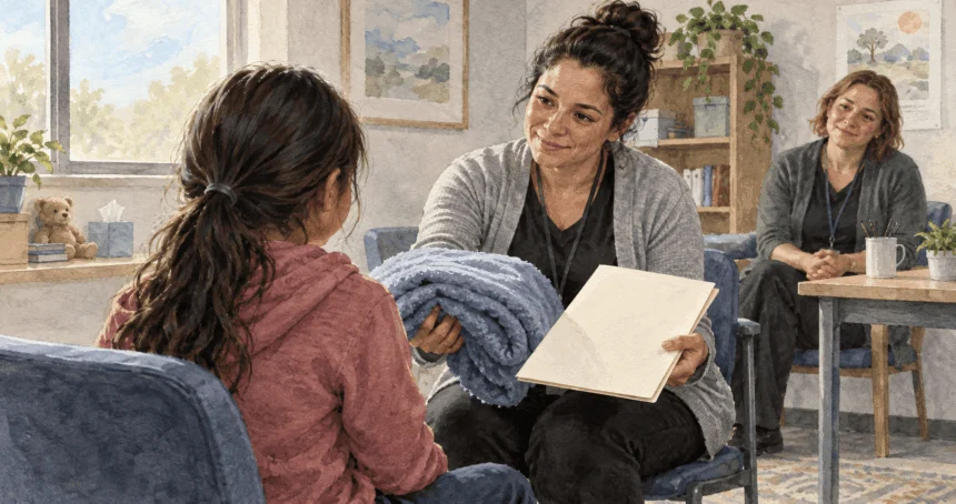 Conceptual painting of a caseworker welcoming an unaccompanied child into care.