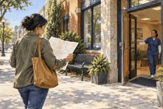 Painted illustration of a person locating a neighborhood health center.
