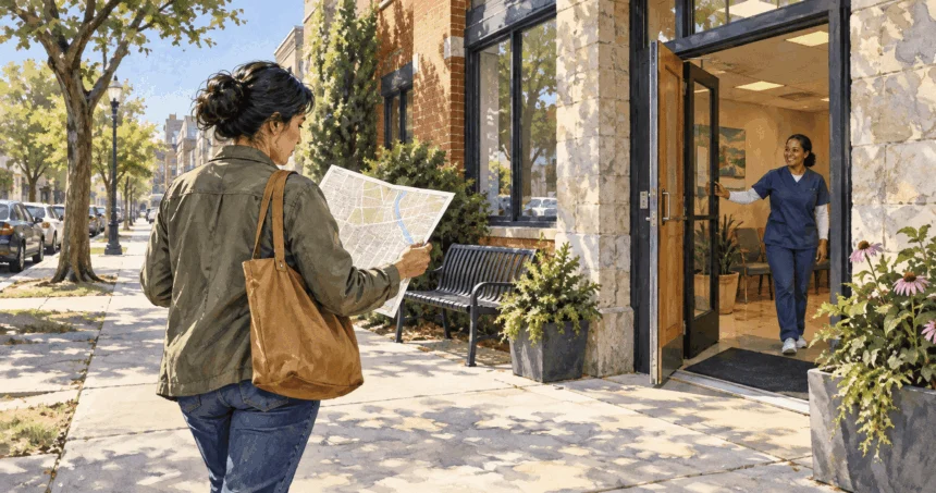 Painted illustration of a person locating a neighborhood health center.