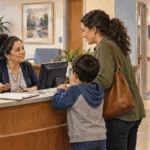 Painted illustration of a family speaking with staff at a community health center.
