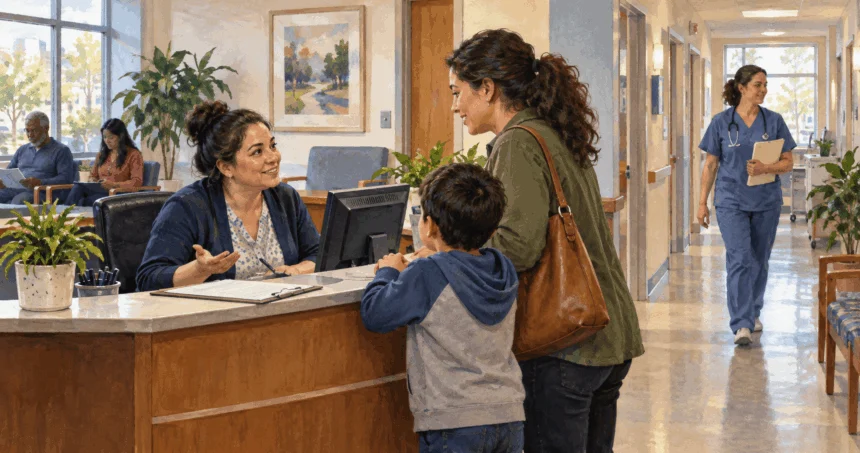 Painted illustration of a family speaking with staff at a community health center.