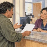 Painted patient discussing a blank application with a community health center receptionist.