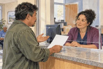 Painted patient discussing a blank application with a community health center receptionist.