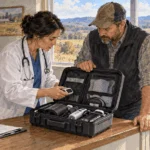 Conceptual watercolor of rural clinic staff examining a portable medical kit.