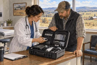 Conceptual watercolor of rural clinic staff examining a portable medical kit.