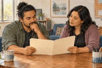Conceptual painting of a person talking privately with a health-care navigator.