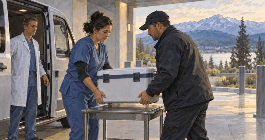 Health workers coordinate the transport of a medical container.