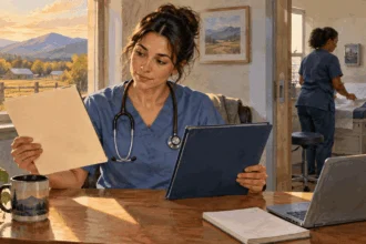 Conceptual watercolor of a rural clinic provider considering two blank program folders.