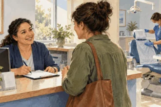 Conceptual watercolor of a patient arriving at a community dental clinic.