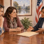 Conceptual painting of a claimant meeting with a federal compensation program counselor.