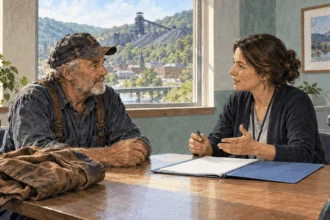 Conceptual painting of a former miner speaking with a clinic outreach worker.