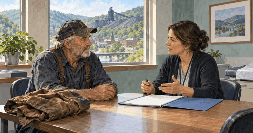 Conceptual painting of a former miner speaking with a clinic outreach worker.