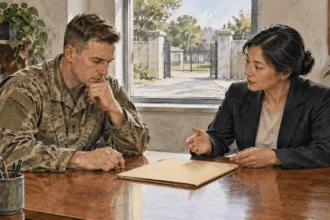 Painted illustration of two officers consulting a status agreement folder at an overseas base.