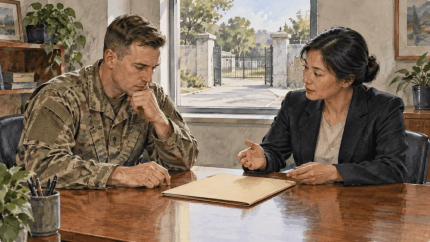Painted illustration of two officers consulting a status agreement folder at an overseas base.