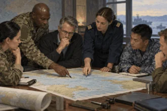 Defense counterparts from several countries plan together around a map.