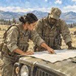 Conceptual painting of service members reviewing an unmarked map during a field exercise.