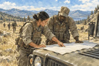 Conceptual painting of service members reviewing an unmarked map during a field exercise.