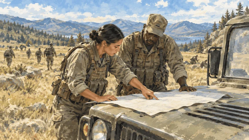 Conceptual painting of service members reviewing an unmarked map during a field exercise.