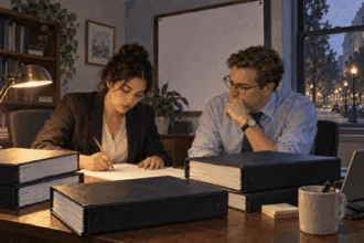 Painted illustration of analysts reviewing defense budget binders.