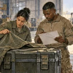 Conceptual painting of logistics specialists checking a covered equipment case in a warehouse.