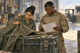 Conceptual painting of logistics specialists checking a covered equipment case in a warehouse.