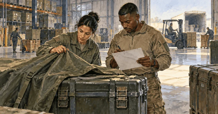 Conceptual painting of logistics specialists checking a covered equipment case in a warehouse.