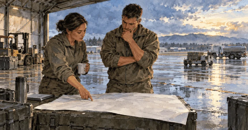 Conceptual painting of military planners considering weather and installation readiness.