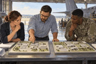 Conceptual painting of planners comparing two unmarked facility layouts inside a military hangar.