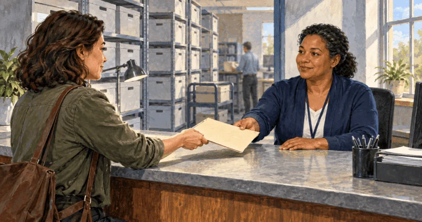 Painted scene of a researcher asking a records specialist for government records.