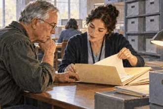 Conceptual painting of a researcher and records staff member examining a folder in an archives reading room.